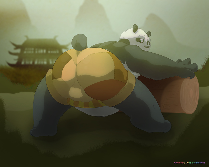 2015 anthro bear belly big_belly big_butt black_fur bulge butt clothed clothing dreamworks fur green_eyes kung_fu_panda looking_back mammal mountain outside overweight panda po shorts topless ursofofinho white_fur wood