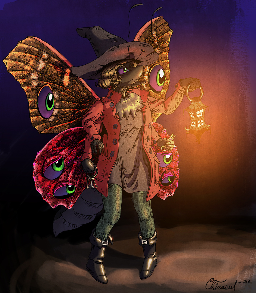 2016 4_arms abdomen abstract_background antennae anthro arthropod butterfly chirasul clothed clothing digital_media_(artwork) female fur green_eyes hair hat hi_res insect insect_wings keys lantern lighting magic_user mandibles multi_arm multi_limb signature solo standing wings witch witch_hat