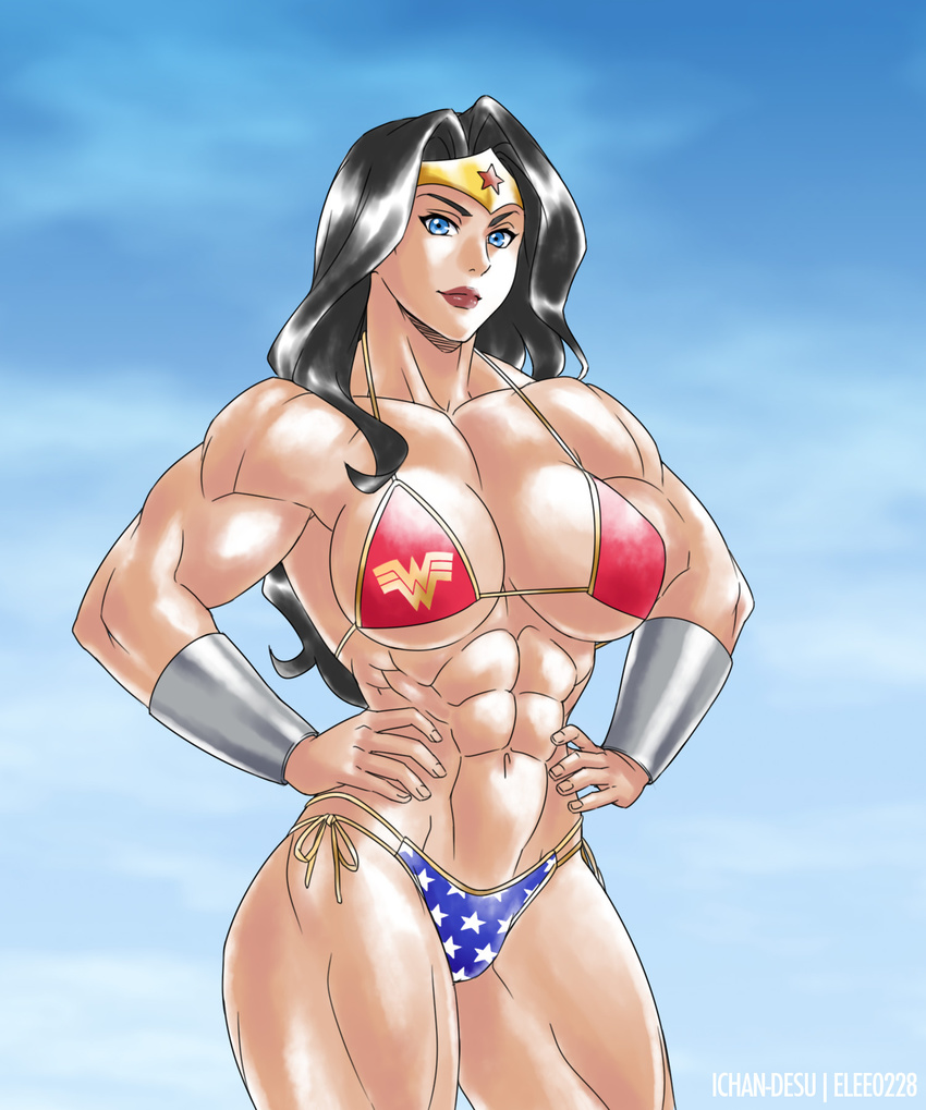 1girl abs bikini black_hair blue_eyes breasts cleavage dc dc_comics elee0228 female ichan-desu large_breasts long_hair looking_at_viewer muscle muscular_female navel pussy solo thing tiara wonder_woman