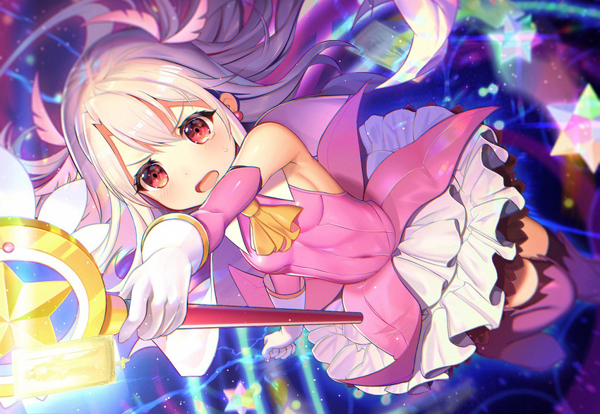 arm_up ascot bangs bare_shoulders blurry blush boots breasts cape clenched_hand commentary_request covered_navel depth_of_field detached_sleeves dress earrings fate/grand_order fate/kaleid_liner_prisma_illya fate_(series) feathers floating_hair foreshortening from_above gloves glowing hair_feathers highres holding holding_wand illyasviel_von_einzbern jewelry kaleidostick leg_up light_particles long_hair looking_at_viewer looking_up magic magical_girl magical_ruby nayuta_(una) open_mouth outstretched_arm pink_dress pink_footwear prisma_illya red_eyes saint_quartz shiny shiny_clothes shiny_hair short_dress sidelocks silver_hair small_breasts solo star sweatdrop tearing_up thigh_boots thighhighs v-shaped_eyebrows wand white_cape white_feathers white_gloves wind yellow_neckwear