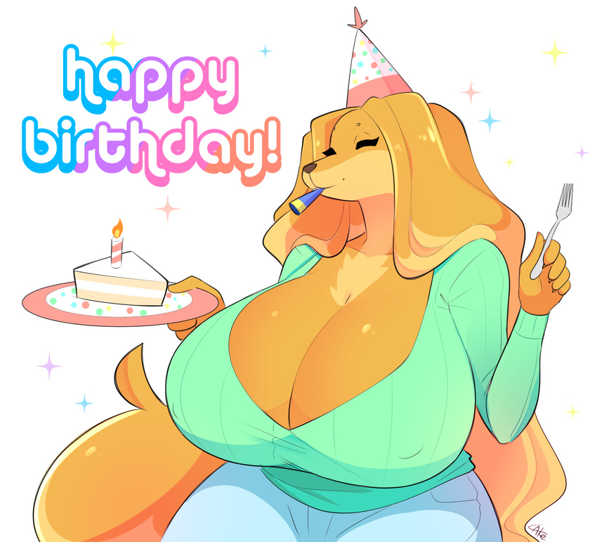 2018 anthro big_breasts breasts cake candle canine cleavage clothed clothing digital_media_(artwork) dog dogmom english_text female food fork happy_birthday hat huge_breasts mammal party_hat saluki simple_background slightly_chubby solo text theycallhimcake thick_thighs