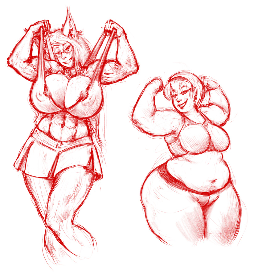 abs animal_humanoid audiophilekitsune big_breasts breasts duo female flexing fox_humanoid human humanoid mammal nipple_bulge overweight red_theme sketch standing wide_hips