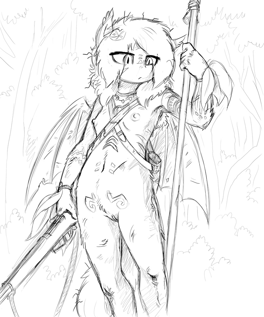 2018 anthro areola bat_pony breasts equine fan_character female gun ipomoea_(oc) mammal melee_weapon my_little_pony nipples nude polearm pussy ranged_weapon rifle sketch small_breasts spear tattoo the-minuscule-task weapon
