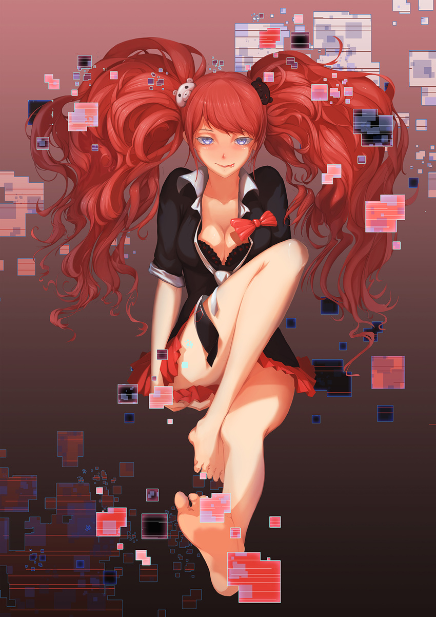 alternate_hair_color bangs bare_legs bear_hair_ornament black_bra black_jacket blue_eyes blush bra breasts cleavage closed_mouth collar collarbone collared_shirt danganronpa danganronpa_1 danganronpa_3 enoshima_junko feet glitch hair_ornament highres jacket large_breasts long_hair looking_at_viewer necktie red_hair red_skirt school_uniform shirt skirt smile soles solo sos_(406491521) spoilers tongue twintails underwear very_long_hair white_shirt