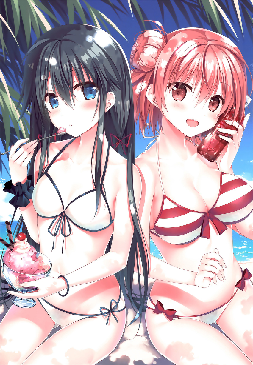 :d absurdres bangs bare_arms bare_shoulders beach bikini black_hair blue_eyes blue_sky blush bottle bottle_to_cheek bracelet breasts cleavage cloud collarbone day eyebrows_visible_through_hair food hair_between_eyes hair_bun highres ice_cream jewelry large_breasts long_hair looking_at_viewer multiple_girls ocean open_mouth outdoors palm_tree pink_eyes pink_hair sand side-tie_bikini sitting sky small_breasts smile soda_bottle sousouman spoon striped striped_bikini swimsuit tree very_long_hair wafer_stick water white_bikini wrist_cuffs yahari_ore_no_seishun_lovecome_wa_machigatteiru. yuigahama_yui yukinoshita_yukino