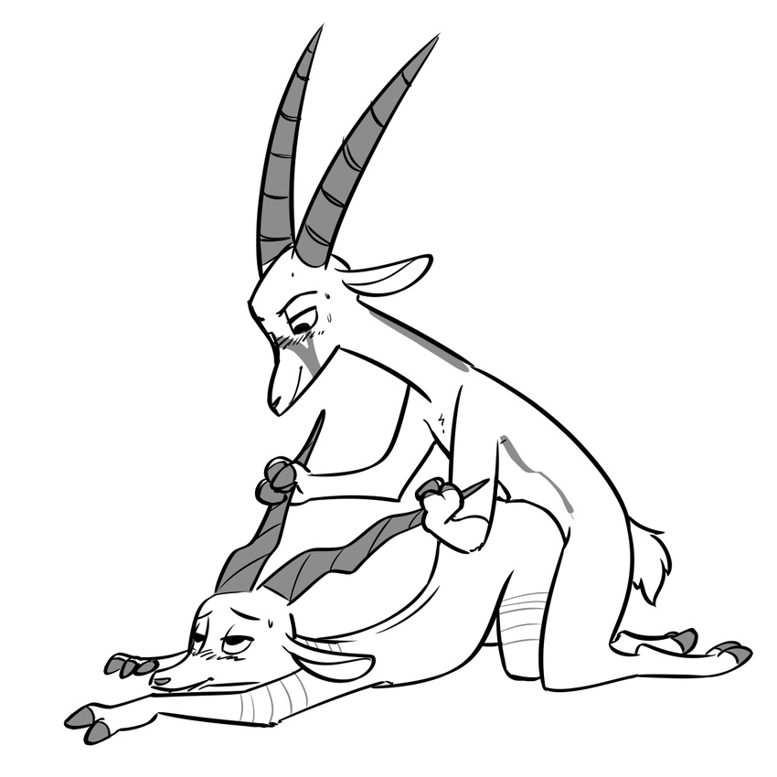 2018 anal anal_penetration antelope anthro ass_up blush bucky_oryx-antlerson disney duo from_behind_position fuel_(artist) greyscale horn horn_grab kneeling kudu male male/male male_penetrating mammal monochrome nude oryx penetration pronk_oryx-antlerson sex simple_background sweat white_background zootopia