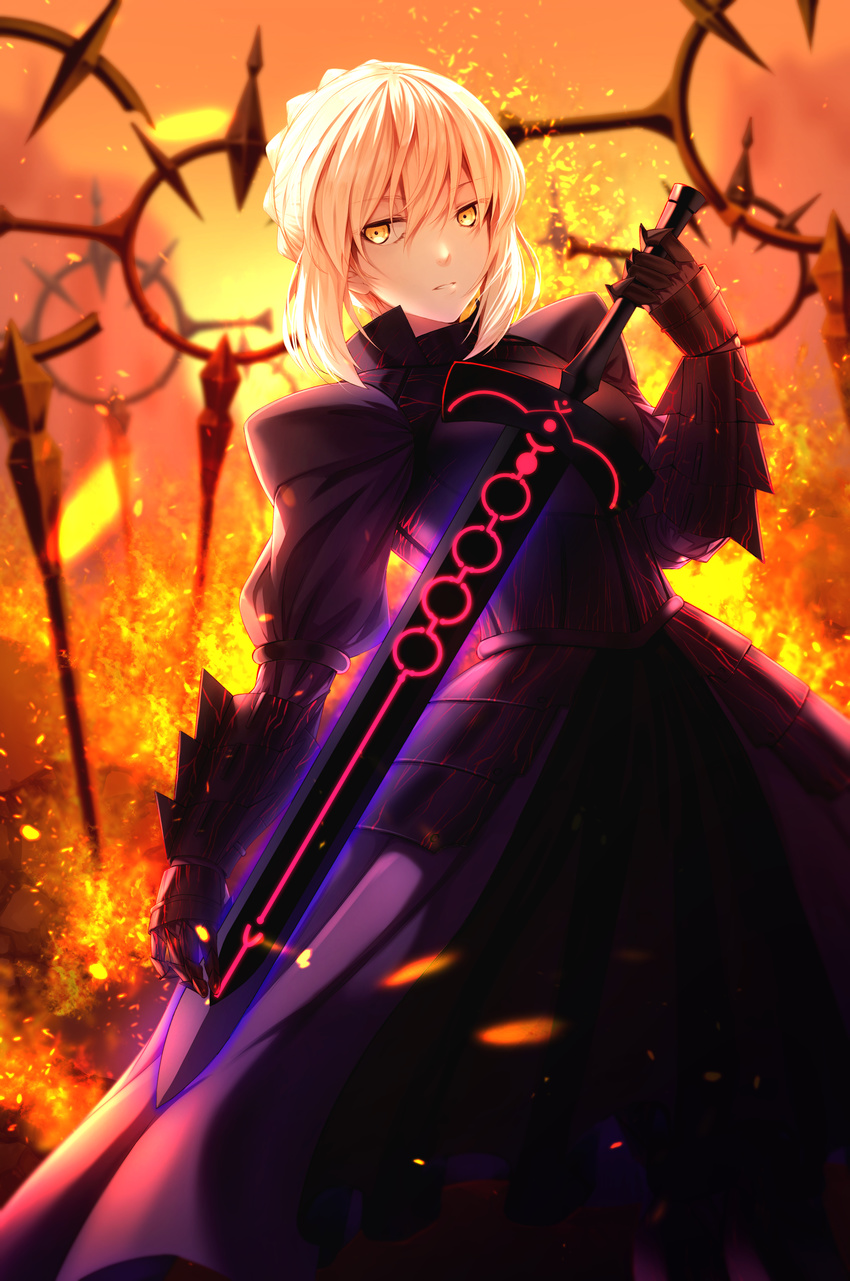 absurdres armor armored_dress artoria_pendragon_(all) bangs black_armor dark_excalibur fate/grand_order fate/stay_night fate_(series) gauntlets glowing glowing_sword glowing_weapon hair_between_eyes highres holding holding_sword holding_weapon looking_at_viewer parted_lips saber saber_alter short_hair sidelocks solo standing sword user_vgng7854 weapon yellow_eyes