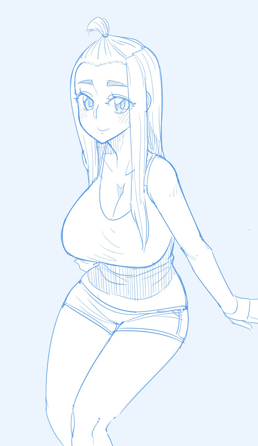 bare_shoulders blue blue_background blush boyshorts breasts cleavage closed_mouth ekz_(drawfag) fingerless_gloves gloves highres huge_breasts invisible_chair legs_together long_hair looking_at_viewer monochrome original shirt short_shorts shorts simple_background sitting sketch sleeveless sleeveless_shirt smile solo thick_eyebrows topknot