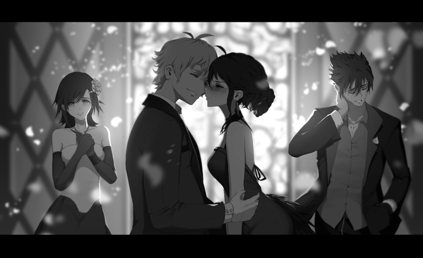 2girls blush bride brother_and_sister closed_eyes commentary dishwasher1910 english_commentary groom highres husband_and_wife imminent_kiss kiss multiple_boys multiple_girls qrow_branwen raven_branwen rwby siblings summer_rose taiyang_xiao_long tsundere wedding