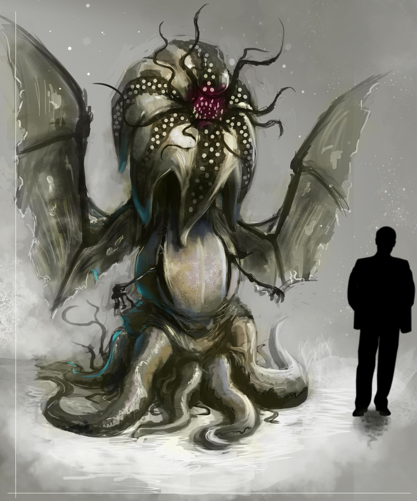 2014 alien ambiguous_gender cthulhu_mythos duo h.p._lovecraft human male mammal membranous_wings monster mothmandraws standing tentacles wings