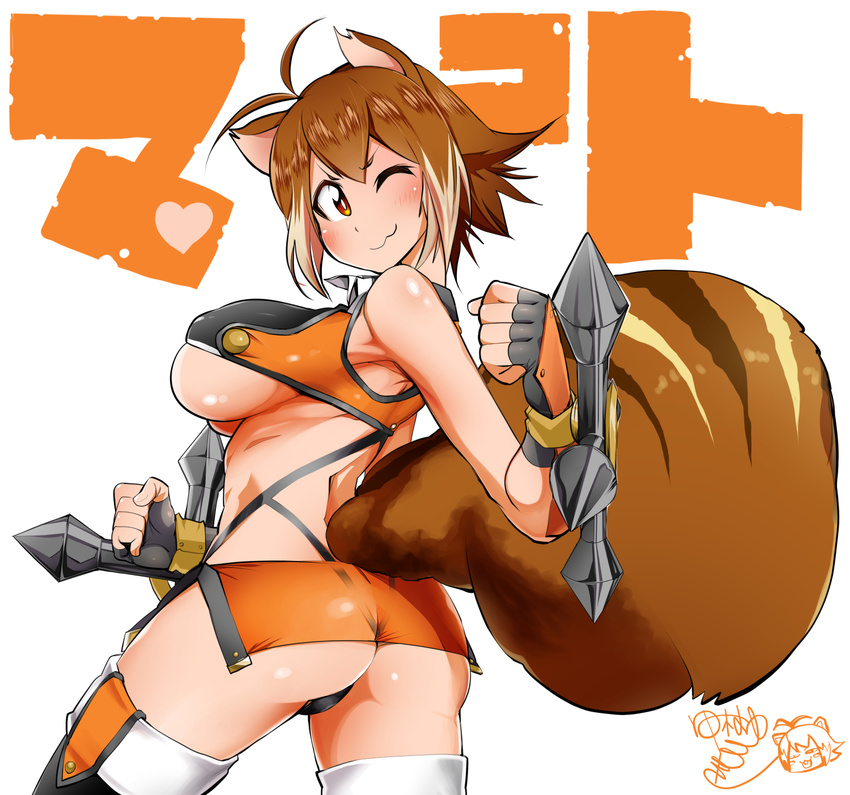 ;3 animal_ears antenna_hair ass black_legwear black_panties blazblue breasts brown_hair cowboy_shot crop_top dual_wielding fingerless_gloves gloves highleg highleg_panties highres holding large_breasts looking_at_viewer looking_back makoto_nanaya microskirt multicolored_hair orange_eyes orange_skirt panties revealing_clothes see-through short_hair skirt solo squirrel_ears squirrel_girl squirrel_tail tail tamuhime thighhighs tonfa two-tone_hair underboob underwear weapon