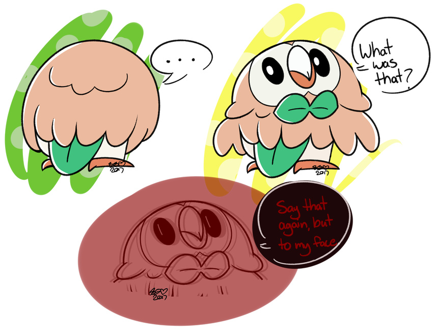 ... 2017 alpha_channel ambiguous_gender brown_feathers dialogue digital_drawing_(artwork) digital_media_(artwork) english_text feathers halabaluu head_turn hi_res looking_back nintendo pok&eacute;mon pok&eacute;mon_(species) reaction_image rowlet signature simple_background solo speech_bubble text threat transparent_background video_games