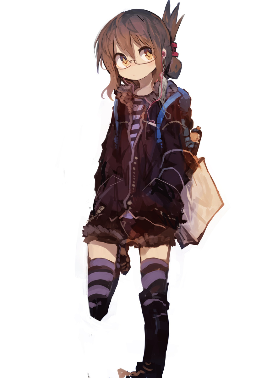 absurdres backpack bag bespectacled bottle brown_eyes brown_hair casual comiket commentary earbuds earphones expressionless folded_ponytail fur_trim glasses hands_in_pockets highres inazuma_(kantai_collection) jacket kaamin_(mariarose753) kantai_collection shirt short_shorts shorts simple_background solo striped striped_legwear striped_shirt thighhighs walking white_background