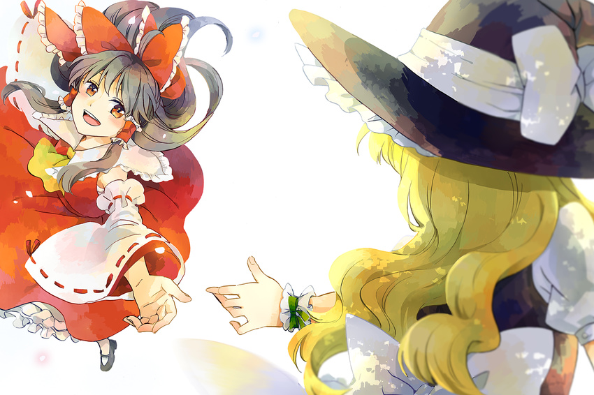 :d akanasu bare_shoulders blouse blush bow brown_hair commentary_request hair_bow hair_tubes hakurei_reimu hat kirisame_marisa large_bow mary_janes multiple_girls open_mouth reaching_out red_eyes sarashi shoes smile touhou wavy_hair witch_hat wrist_cuffs