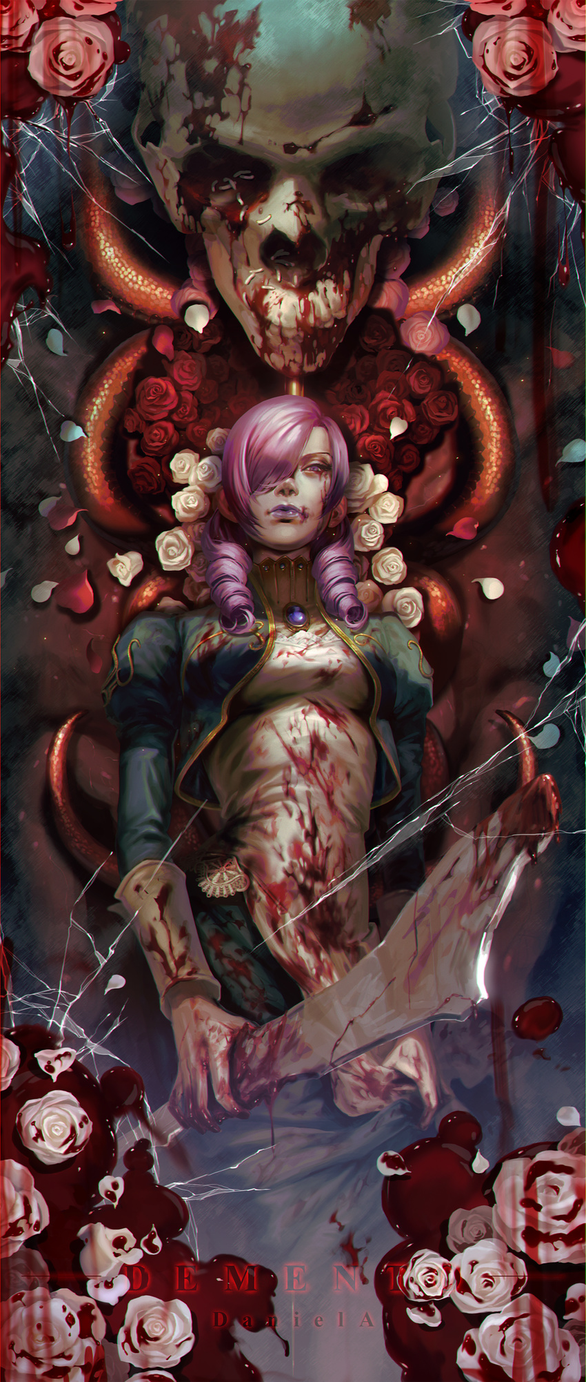 absurdres blood broken_glass daniella demento dress drill_hair english flower glass hair_over_one_eye highres maid nshi purple_eyes purple_hair red_flower red_rose rose skull solo twin_drills white_flower white_rose worms