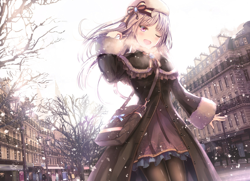 1girl ;d bag bangs bare_tree beret blush bow brown_bow brown_coat brown_dress brown_legwear building coat commentary_request day dress eyebrows_visible_through_hair fur-trimmed_sleeves fur_trim hand_up hat hat_bow head_tilt highres long_hair long_sleeves missile228 one_eye_closed open_mouth original outdoors pantyhose parted_lips pleated_skirt purple_eyes shoulder_bag silver_hair skirt smile snow solo_focus striped striped_bow tree v-shaped_eyebrows very_long_hair white_hat wide_sleeves wind