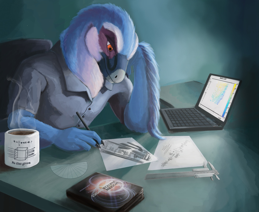 2018 anthro beak beverage blue_feathers claws clothed clothing coffee computer cup dakotaraptor digital_media_(artwork) dinosaur dolphinwarrior english_text feathers hi_res laptop male physics raptor red_eyes scalie science sitting solo studying text theropod working