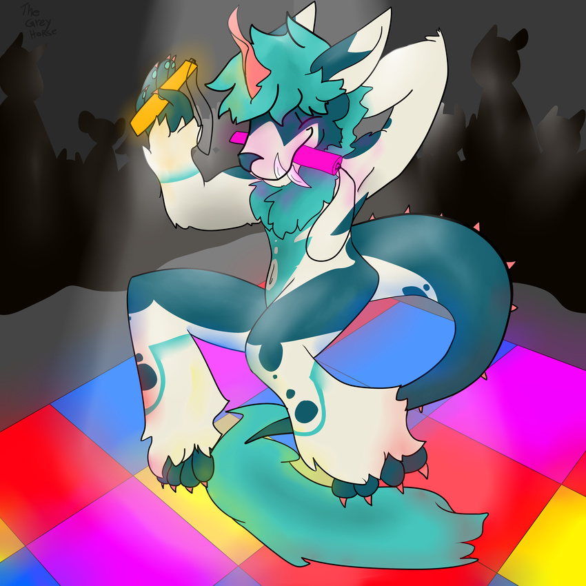 blue_hair canine club_(disambiguation) dancing floofdog glow_sticks hair horn mammal painting rave