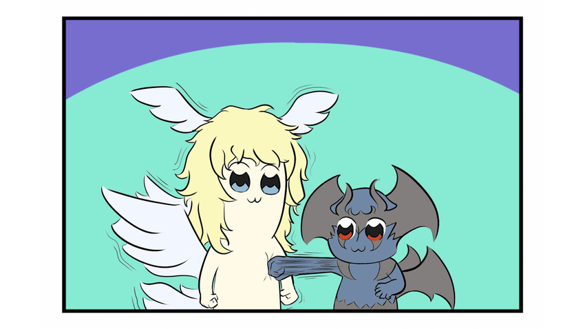 2boys angel_wings asuka_ryou blonde_hair blue_eyes comic demon demon_wings devilman devilman_crybaby duo fudou_akira head_wings long_hair multiple_boys parody poptepipic punch red_eyes satan_(devilman) style_parody wings