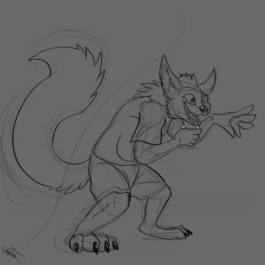 2018 alcohol anthro beverage canine clothed clothing digital_media_(artwork) dolphinwarrior drunk fox fur grabbing hair insane male mammal monochrome open_mouth simple_background sketch smile solo standing teeth tongue tongue_out