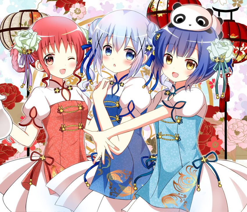 :d ;d animal animal_on_head bangs blue_dress blue_eyes blue_hair blush brown_eyes chestnut_mouth chimame-tai china_dress chinese_clothes commentary_request double_bun dress eyebrows_visible_through_hair fang flower girl_sandwich gochuumon_wa_usagi_desu_ka? green_flower hair_between_eyes hair_flower hair_ornament hair_rings highres jouga_maya kafuu_chino lantern looking_at_viewer multiple_girls natsu_megumi on_head one_eye_closed open_mouth outstretched_arm panda paper_lantern parted_lips puffy_short_sleeves puffy_sleeves red_dress red_hair revision ryoutan sandwiched short_sleeves side_bun sidelocks smile x_hair_ornament yellow_eyes