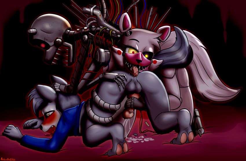2018 ambiguous_gender anal anibaruthecat animatronic anthro balls blaze-lupine_(character) blush bottomless butt canine clothed clothing cum cum_on_ground drooling five_nights_at_freddy's five_nights_at_freddy's_2 forced handjob hi_res machine male mammal mangle_(fnaf) open_mouth oral penis rape rimming robot saliva sex sharp_teeth teeth tongue tongue_out video_games