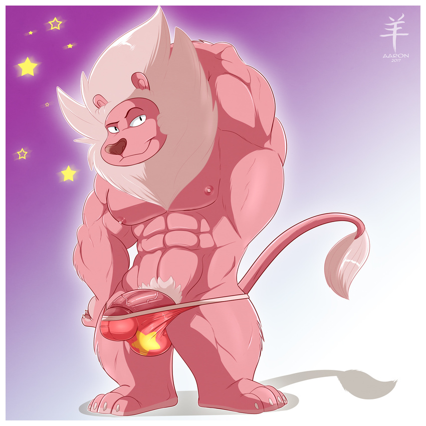 2017 4_toes 5_fingers aaron_(artist) abs anthro biceps cartoon_network clothing feline lion lion_(steven_universe) looking_at_viewer male mammal mane mostly_nude muscular muscular_male nipples pink_skin plantigrade pose pubes sixpack smile solo steven_universe teasing toes underwear wardrobe_malfunction