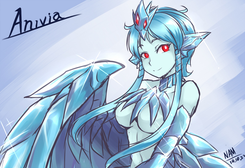 alternate_species anivia_(lol) avian bird blue_hair blue_skin breasts clothed clothing female hair human humanized ice league_of_legends looking_at_viewer mammal nam_(valckiry) red_eyes riot_games simple_background skimpy smile solo video_games wings