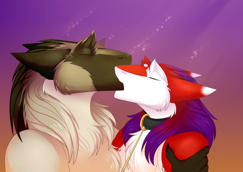 anthro azaly braided_hair collar digital_media_(artwork) duo fur girly hair hi_res kissing long_hair male male/male mammal purple_hair red_fur sergal sergeantyakirr simple_background white_fur zxara