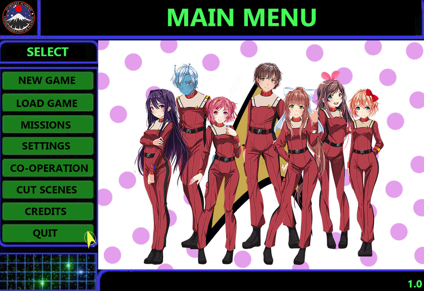 2boys 5girls a.i._channel alien blue_eyes blue_skin brown_hair doki_doki_literature_club game_screenshot green_eyes jumpsuit kizuna_ai long_hair looking_at_viewer monika_(doki_doki_literature_club) multiple_boys multiple_girls natsuki_(doki_doki_literature_club) pink_bow pink_eyes pink_hair protagonist_(doki_doki_literature_club) purple_eyes red_uniform ribbon sayori_(doki_doki_literature_club) short_hair star_trek star_trek:_the_wrath_of_khan starfleet_academy sydustarts uniform white_hair yuri_(doki_doki_literature_club)