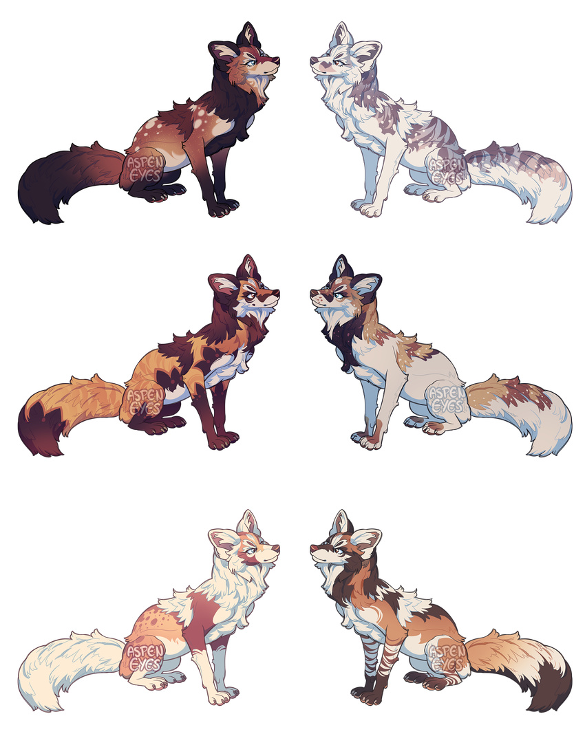 2016 alpha_channel ambiguous_gender aspeneyes black_fur blue_eyes brown_fur canine claws countershading dipstick_tail eye_contact feral fluffy fluffy_tail fox fur grey_fur group mammal markings multicolored_tail multiple_versions orange_fur pawpads red_fur side_view simple_background sitting socks_(marking) spots stripes tan_fur transparent_background white_countershading white_fur yellow_eyes