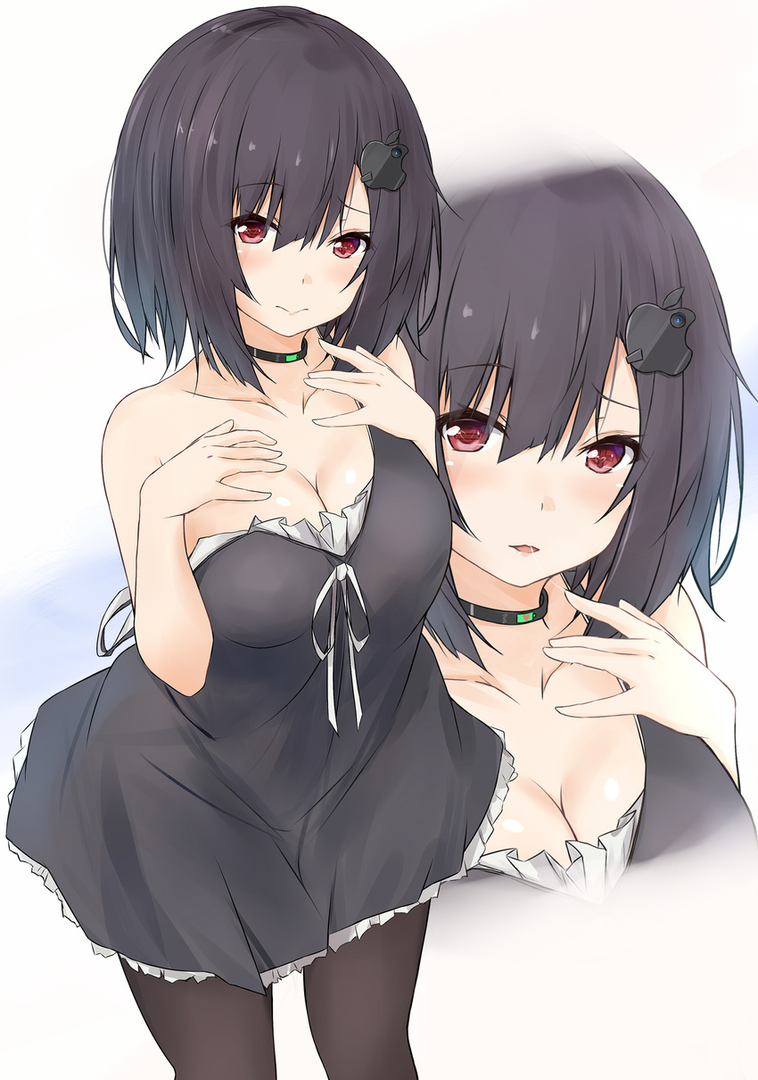 apple_inc. bare_shoulders black_dress black_hair black_legwear breasts cellphone choker cleavage dress hair_ornament heart heart-shaped_pupils highres iphone large_breasts long_hair looking_at_viewer off_shoulder open_mouth original pantyhose personification phone red_eyes saku_(kudrove) saliva saliva_trail smartphone smile solo symbol-shaped_pupils