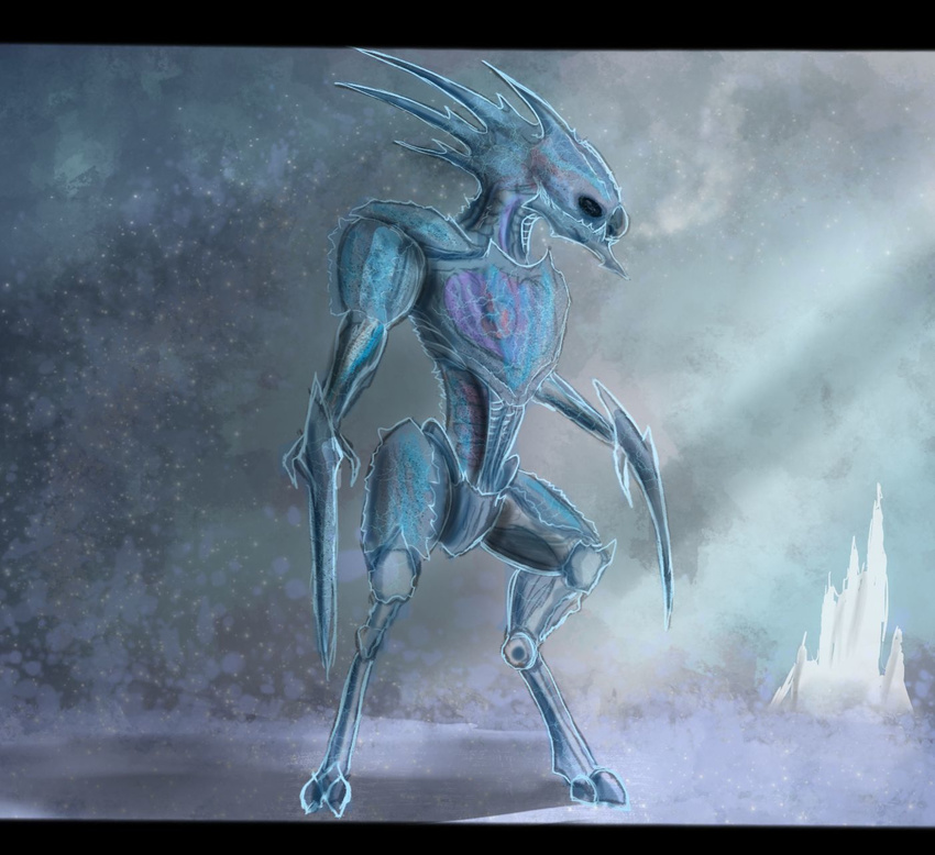 2016 2_toes alien black_eyes blue_body breath castle digital_drawing_(artwork) digital_media_(artwork) disney experiment_(species) hi_res ice icy_body letterbox lilo_and_stitch not_furry realistic slushy_(lilo_and_stitch) snow solo standing swarmcreator toes