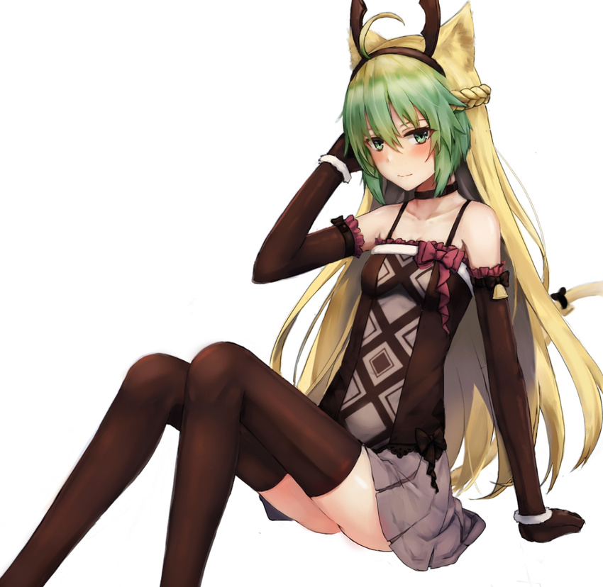 ahoge animal_ears arm_support arm_up atalanta_(fate) bare_shoulders bell black_gloves black_hairband black_legwear blonde_hair blush braid breasts cat_ears cat_tail cleavage closed_mouth collarbone elbow_gloves eyebrows_visible_through_hair fate/grand_order fate_(series) feet_out_of_frame french_braid frilled_gloves frills gloves green_eyes green_hair grey_skirt hair_between_eyes hairband hand_in_hair highres invisible_chair knees_up long_hair looking_at_viewer miniskirt seaweed2017 simple_background sitting skirt small_breasts smile solo tail thighhighs very_long_hair white_background
