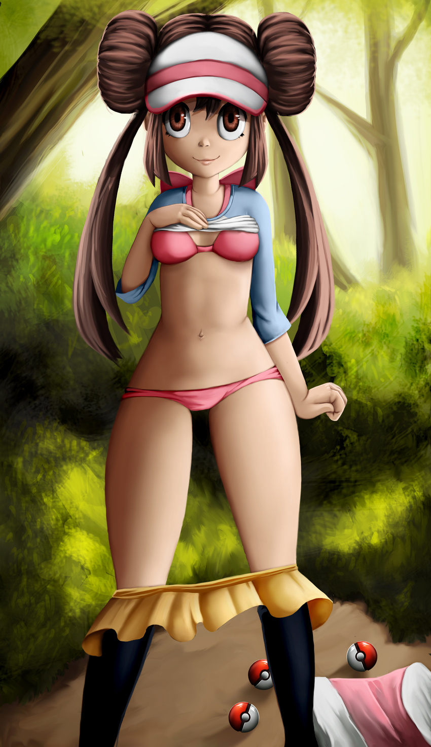 1girl absurdres black_legwear blue_shirt bra breasts brown_eyes brown_hair bush female g_reaper hand_on_own_chest hand_up hat highres lips long_hair looking_at_viewer matching_hair/eyes medium_breasts mei_(pokemon) navel outdoors panties pantyhose pantyhose_pull pink_bra pink_panties poke_ball pokemon pokemon_(game) pokemon_bw2 shirt shirt_lift skirt skirt_pull smile solo standing thigh_gap tied_hair tree twin_buns twintails underwear visor_cap white_hat yellow_skirt