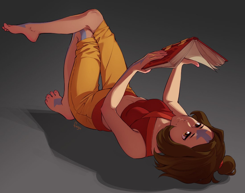 arrow avatar_(series) barefoot book brown_eyes brown_hair commentary feet feguimel full_body_tattoo hair_bun jinora lying midriff on_back open_book reading shadow simple_background sleeveless smile solo stomach tattoo the_legend_of_korra toes