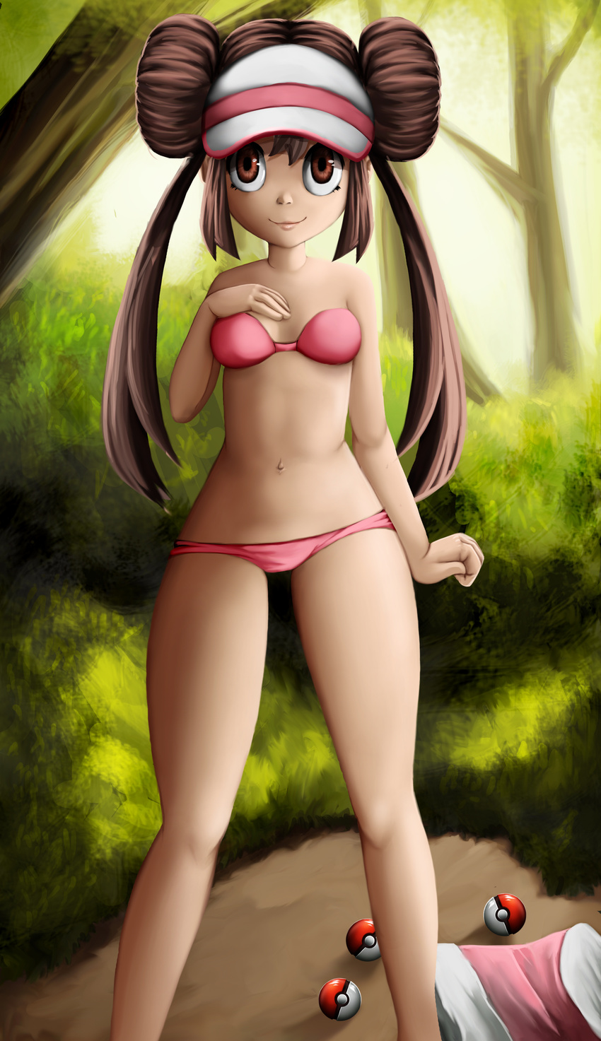 1girl absurdres bra breasts brown_eyes brown_hair bush female g_reaper hand_on_own_chest hand_up hat highres lips long_hair looking_at_viewer matching_hair/eyes medium_breasts mei_(pokemon) navel outdoors panties pink_bra pink_panties poke_ball pokemon pokemon_(game) pokemon_bw2 smile solo standing thigh_gap tied_hair tree twin_buns twintails underwear underwear_only visor_cap white_hat