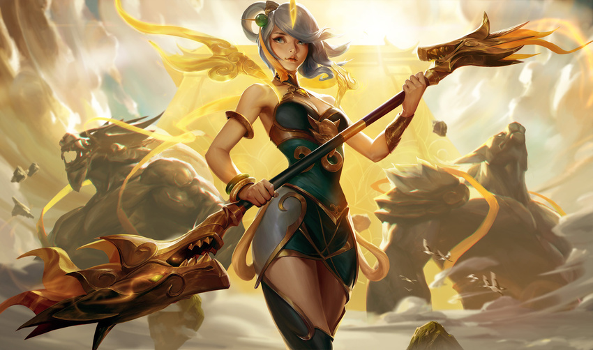 alternate_costume backlighting blue_eyes breasts collaboration commentary crowgod esben faulds hair_ornament hair_rings highres holding holding_weapon league_of_legends lips lunar_empress_lux luxanna_crownguard medium_breasts nose official_art polearm silver_hair solo_focus unitard weapon
