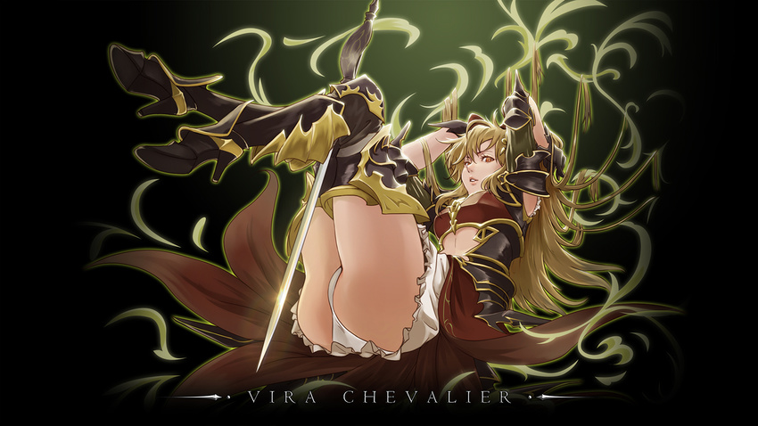 armor armored_boots arms_up ass black_background black_gloves blonde_hair boots breastplate brown_eyes bula character_name from_side full_body gloves granblue_fantasy high_heels highres long_hair looking_at_viewer lying on_back outline panties parted_lips solo sword underwear very_long_hair vira_lilie weapon white_panties