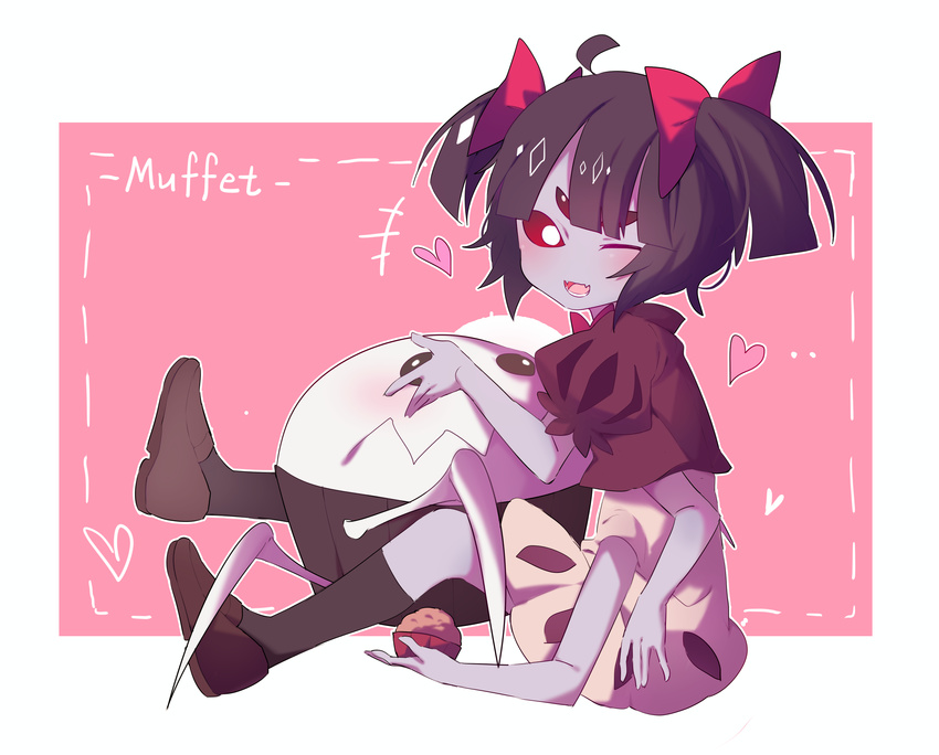 ;d absurdres ahoge black_hair black_legwear bow brown_footwear character_name extra_eyes food gla grey_skin highres insect_girl looking_at_viewer monster_girl muffet muffet's_pet muffin multiple_arms one_eye_closed open_mouth pink_background pink_bow puffy_sleeves short_hair short_twintails sitting smile spider_girl twintails undertale