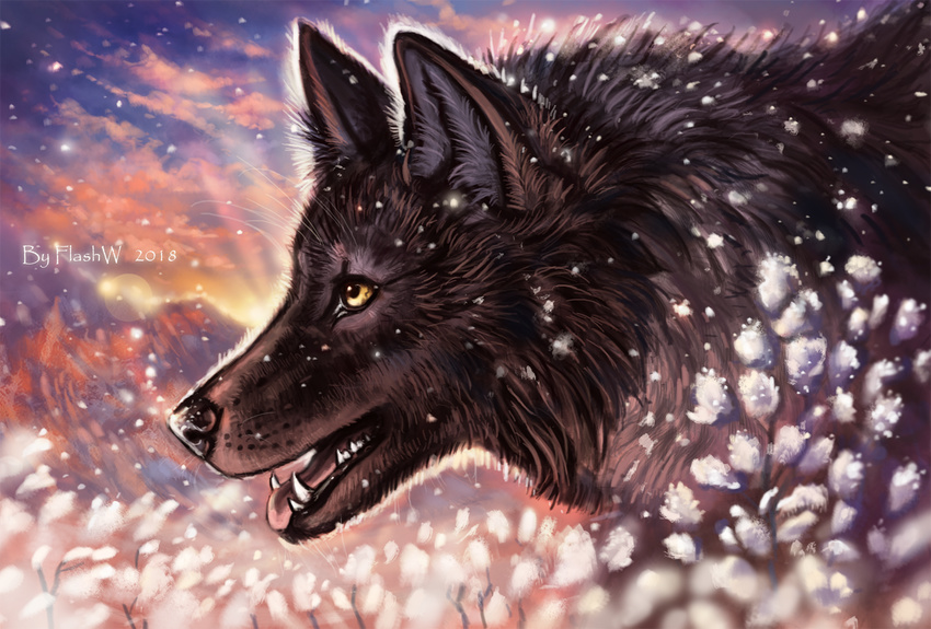 2018 amber_eyes ambiguous_gender black_lips black_nose brown_fur bust_portrait canine cloud day detailed detailed_background detailed_fur digital_drawing_(artwork) digital_media_(artwork) dog facial_markings fangs feral flashw fur helix_satanas_(canislux) inner_ear_fluff lens_flare long_mouth looking_forward mammal markings mountain nature no_sclera open_mouth outside pink_tongue plant portrait scenery shadow side_view sky snout snow solo standing sunbeam sunlight teeth tongue whiskers white_fur wind winter