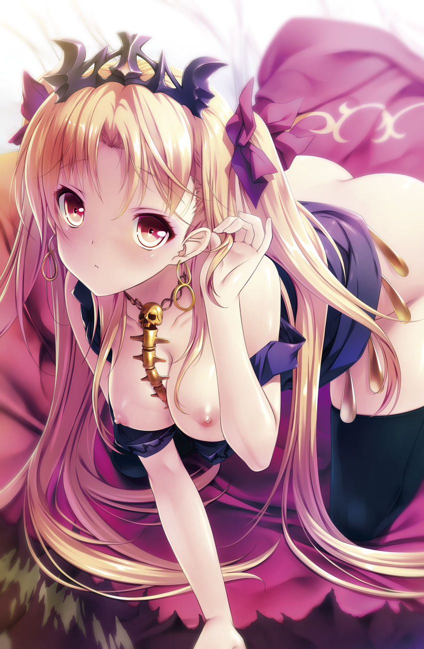 absurdres all_fours areolae ass bangs between_breasts black_dress black_legwear blonde_hair blush breasts closed_mouth dress dress_lift dress_pull earrings ereshkigal_(fate/grand_order) eyebrows_visible_through_hair fate/grand_order fate_(series) hair_ribbon hair_tucking highres hoop_earrings infinity jewelry long_hair looking_at_viewer medium_breasts nipples nose_blush parted_bangs purple_ribbon red_eyes ribbon senomoto_hisashi skull solo spine strap_slip thighhighs tiara two_side_up very_long_hair