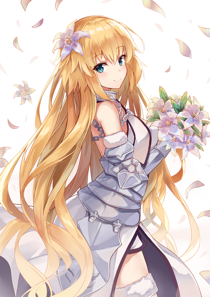 absurdres armor armored_dress bangs bare_shoulders blonde_hair blue_eyes bouquet breasts chain collar dress eyebrows_visible_through_hair fate/grand_order fate_(series) faulds flower from_side fur-trimmed_legwear fur_trim gauntlets hair_flower hair_ornament highres holding holding_bouquet jeanne_d'arc_(fate) jeanne_d'arc_(fate)_(all) long_hair looking_at_viewer looking_to_the_side medium_breasts petals shiny shiny_hair simple_background sleeveless sleeveless_dress solo standing straight_hair thighhighs usagi_an very_long_hair white_background white_dress white_flower white_legwear