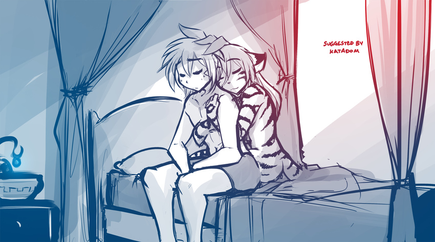 2018 anthro bed bedroom boxers_(clothing) casual_nudity clothed clothing comforting cute duo eyes_closed feline female flora_(twokinds) fur greyscale hi_res hug human inside keidran kneeling male mammal monochrome nude on_bed partially_clothed romantic_couple sitting sketch smile striped_fur stripes sweat tiger tom_fischbach topless trace_legacy twokinds underwear webcomic