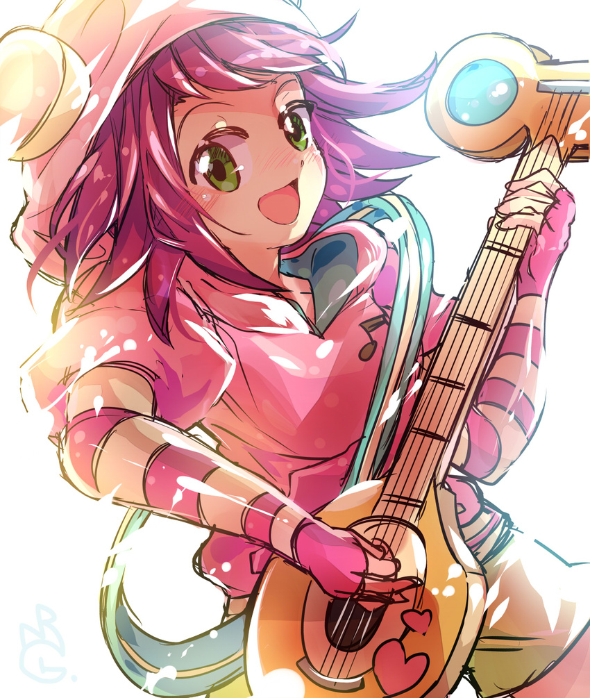 1girl artist_request bangs blush capcom child elbow_gloves fingerless_gloves green_eyes guitar heart hibiki_misora hood hoodie instrument musical_note open_mouth playing_instrument puffy_short_sleeves purple_hair rockman ryuusei_no_rockman short_hair shorts simple_background smile solo white_background