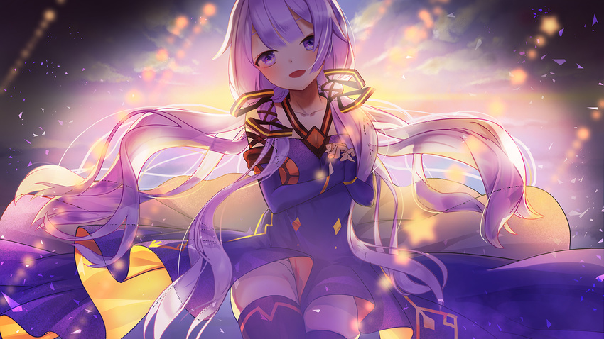 :d azur_lane bangs bare_shoulders black_legwear blue_sky cloud collarbone cosplay day dress elbow_gloves fingerless_gloves fingernails gloves hair_ornament halterneck hands_clasped head_tilt highres kyoungi_nyang long_hair open_mouth outdoors own_hands_together panties pantyshot pantyshot_(sitting) purple_dress purple_eyes purple_gloves purple_hair sitting sky smile solo thighhighs underwear unicorn_(azur_lane) very_long_hair vocaloid white_panties xingchen xingchen_(cosplay)