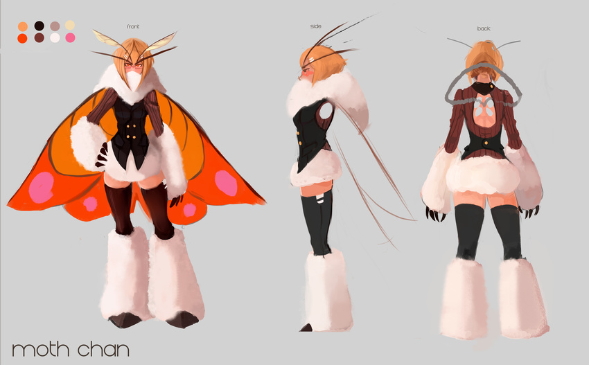 2015 ankle_tuft antennae claws clothed clothing eyewear female glasses hand_on_hip humanoid insect_wings legwear model_sheet moth-chan moth_humanoid mothmandraws neck_tuft solo standing thigh_highs tuft vest waist_tuft wings wrist_tuft