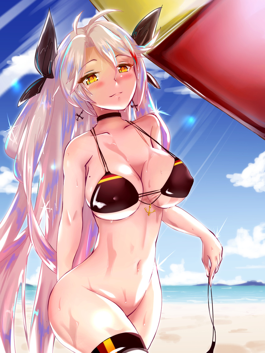 absurdres alternate_costume anchor_symbol antenna_hair arm_behind_back azur_lane bangs bare_arms beach bikini bikini_removed black_bikini black_choker black_ribbon blue_sky blush bottomless breasts choker cleavage closed_mouth cloud collarbone commentary_request cross cross_earrings day earrings exhibitionism eyebrows_visible_through_hair eyelashes eyes_visible_through_hair floating_hair german_flag gloves grey_background groin hair_between_eyes hair_ribbon half-closed_eyes head_tilt highres holding_bikini_bottom jewelry large_breasts long_hair looking_at_viewer mid-stride mole mole_on_breast multicolored_hair navel ocean outdoors parted_lips prinz_eugen_(azur_lane) red_hair ribbon ribs sand seductive_smile shiny shiny_skin side-tie_bikini sideboob silver_hair skindentation sky smile solo standing stomach streaked_hair sunlight swimsuit thigh_strap thighs two_side_up umbrella underboob val very_long_hair walking water wet wet_hair