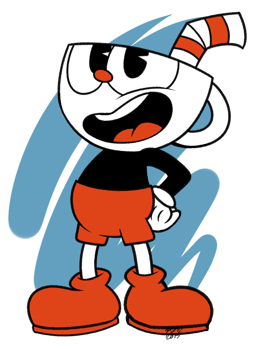 2017 alpha_channel animate_inanimate black_body clothed clothing cuphead_(character) cuphead_(game) digital_drawing_(artwork) digital_media_(artwork) footwear halabaluu hand_on_hip hi_res humanoid not_furry open_mouth open_smile red_nose shoes signature simple_background smile solo standing topless transparent_background white_gloves