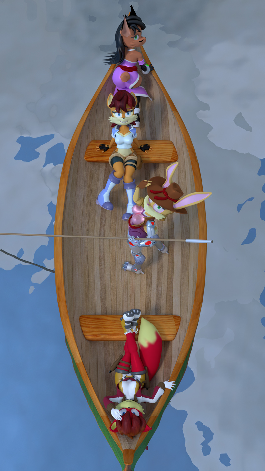 3d_(artwork) archie_comics blender_(software) blue_eyes boat breasts brown_fur bunnie_rabbot canine chipmunk clothed clothing digital_media_(artwork) female fiona_fox fox fur green_eyes looking_at_viewer mammal nicole_the_lynx nut rodent rotalice2 sally_acorn sonic_(series) vehicle video_games